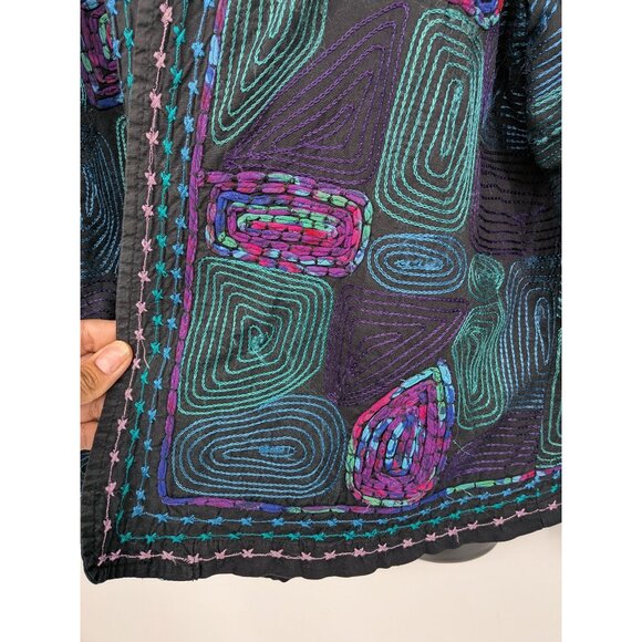 Embroidered Blazer Jacket Women Size 1X Open Front Boho Geometric Patchwork Art - Picture 9 of 16